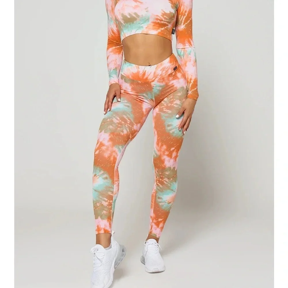 Lici Fit Tie Due Bloom Leggings Multicolored Orange Blue High Waisted Rise S